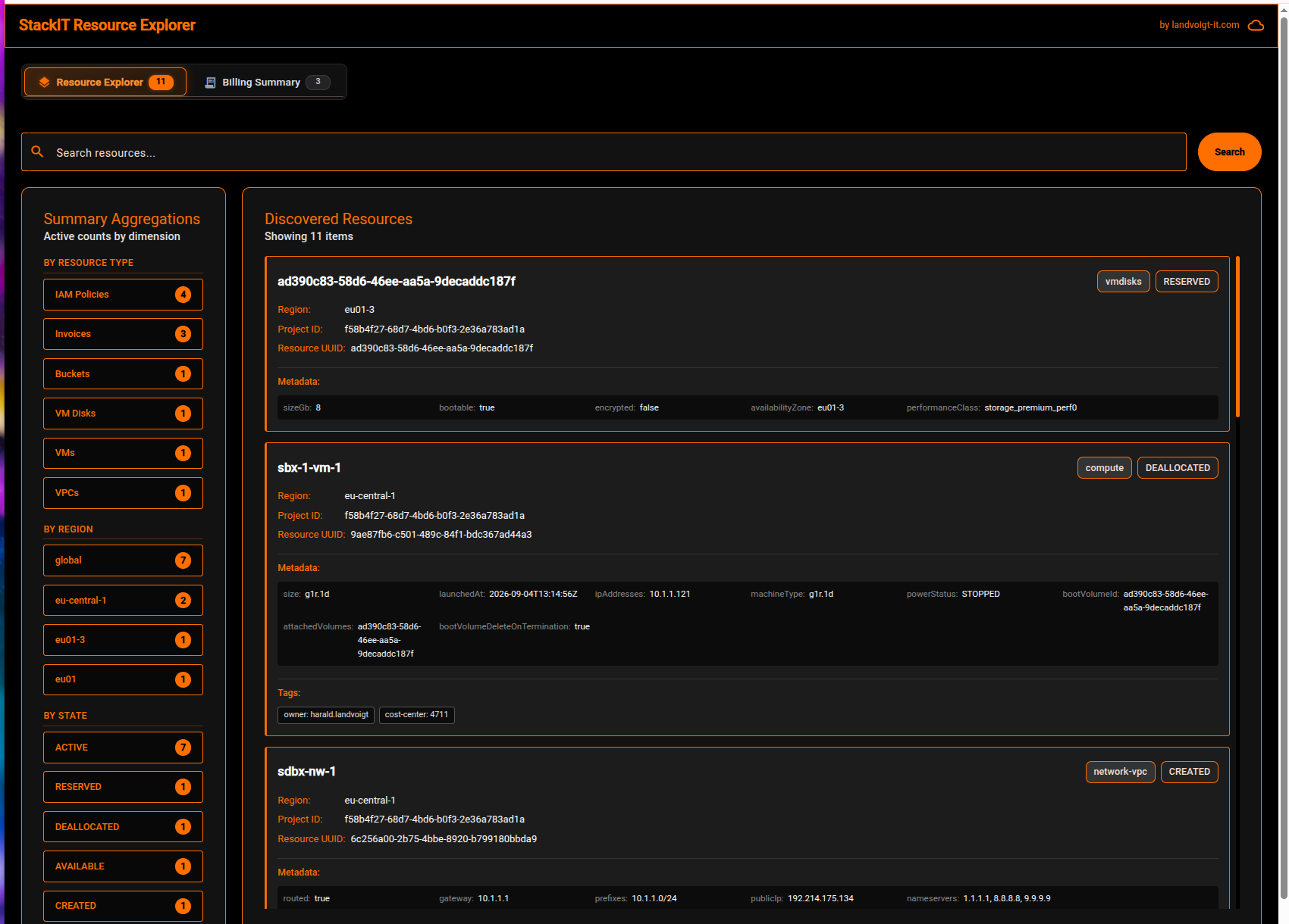 STACKIT Resource Explorer Dashboard mit Ressourcenübersicht und Aggregationen